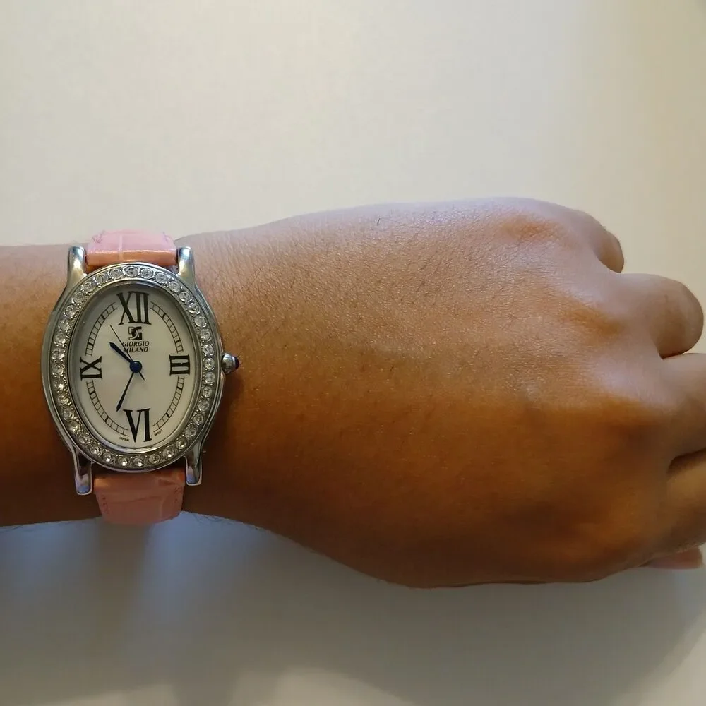 Giorgio Milano Women Crystal Bezel Oval White Dial Pink Leather MOP Dial Watch